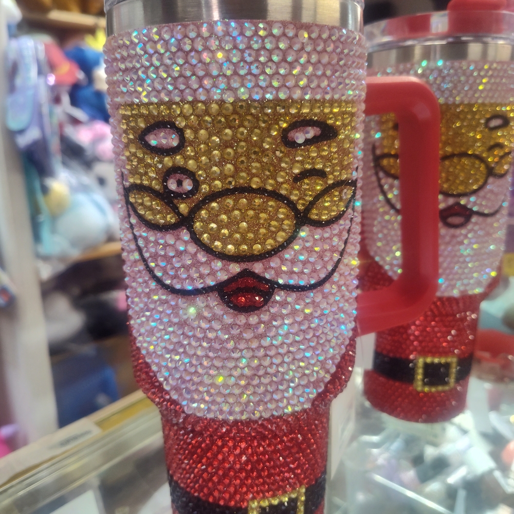 Santa Rhinestone Holiday Tumbler - Red, Gold, Pink